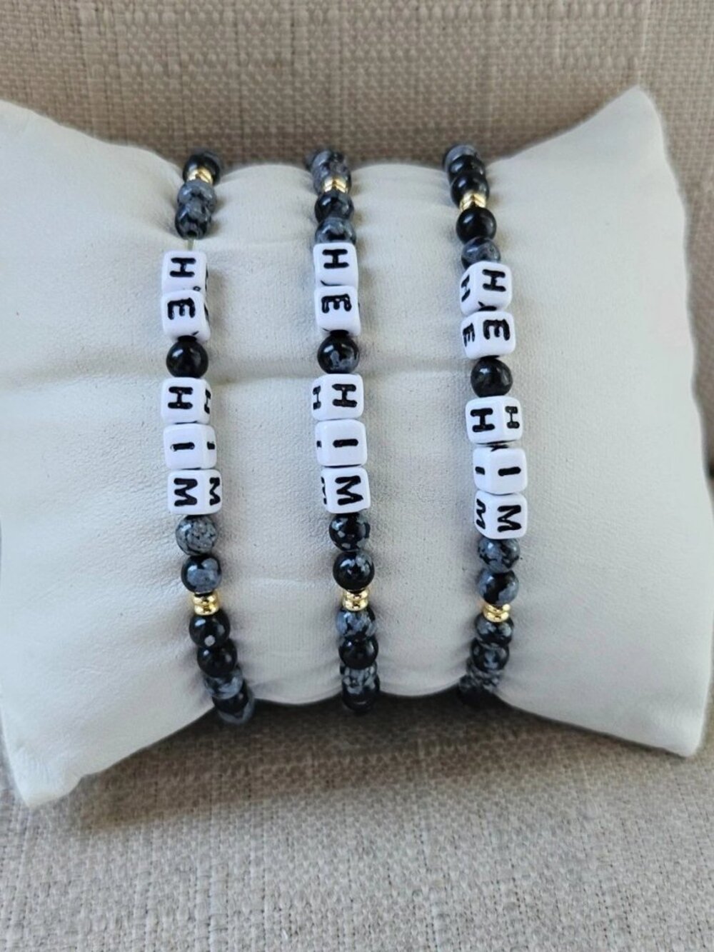 Little Words Project Bracelet Black Beands HE HIM Wrist Band Stretched Lot of 3 - Picture 11 of 12